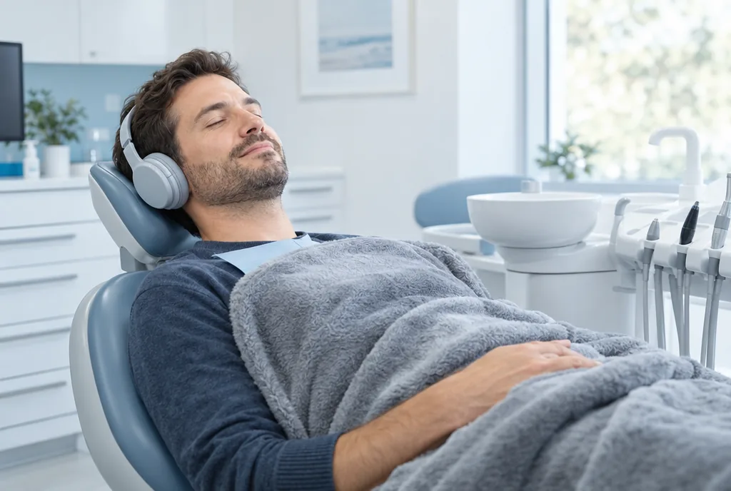 A relaxed patient in the dental chair wearing headphones under a soft blanket