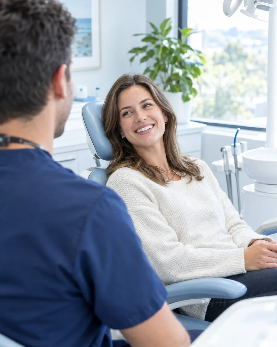 A smiling patient chatting with her dentist in a bright treatment room