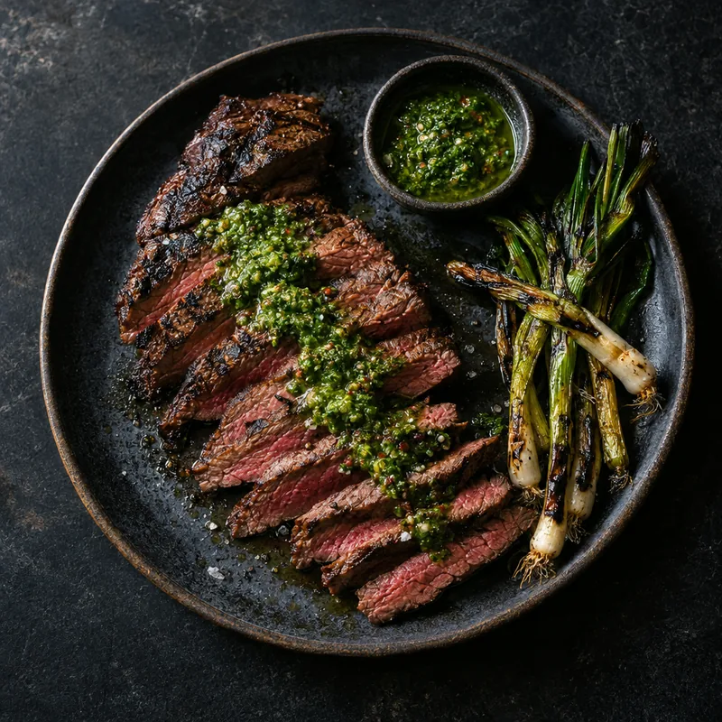 Sliced bavette steak with salsa verde and charred spring onions