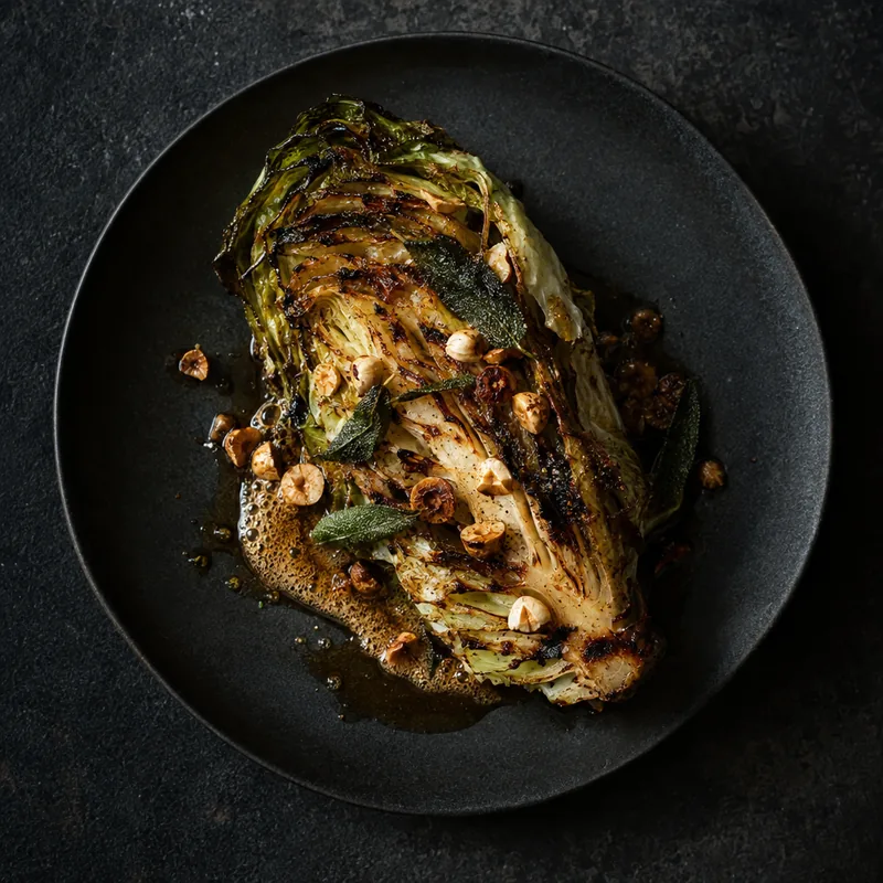 Charred hispi cabbage with brown butter and hazelnuts