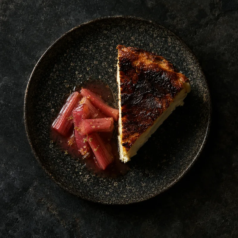 Burnt Basque cheesecake with poached rhubarb