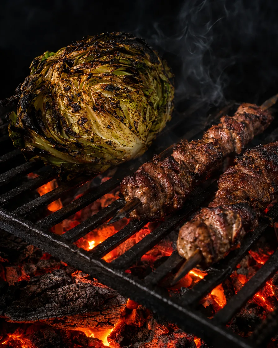 Hispi cabbage and lamb skewers cooking over glowing oak embers