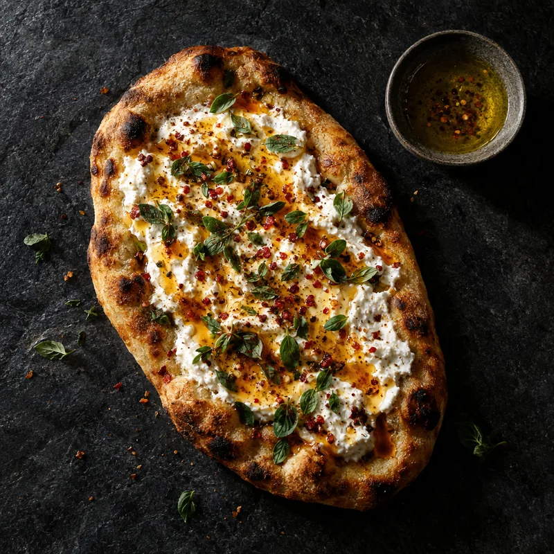 Blistered flatbread with whipped feta and hot honey