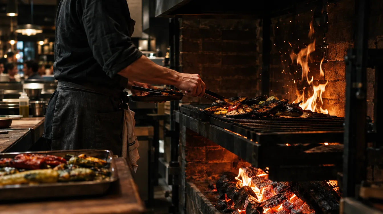 A chef laying charred vegetables on the grill over Fenwild's wood-fired hearth