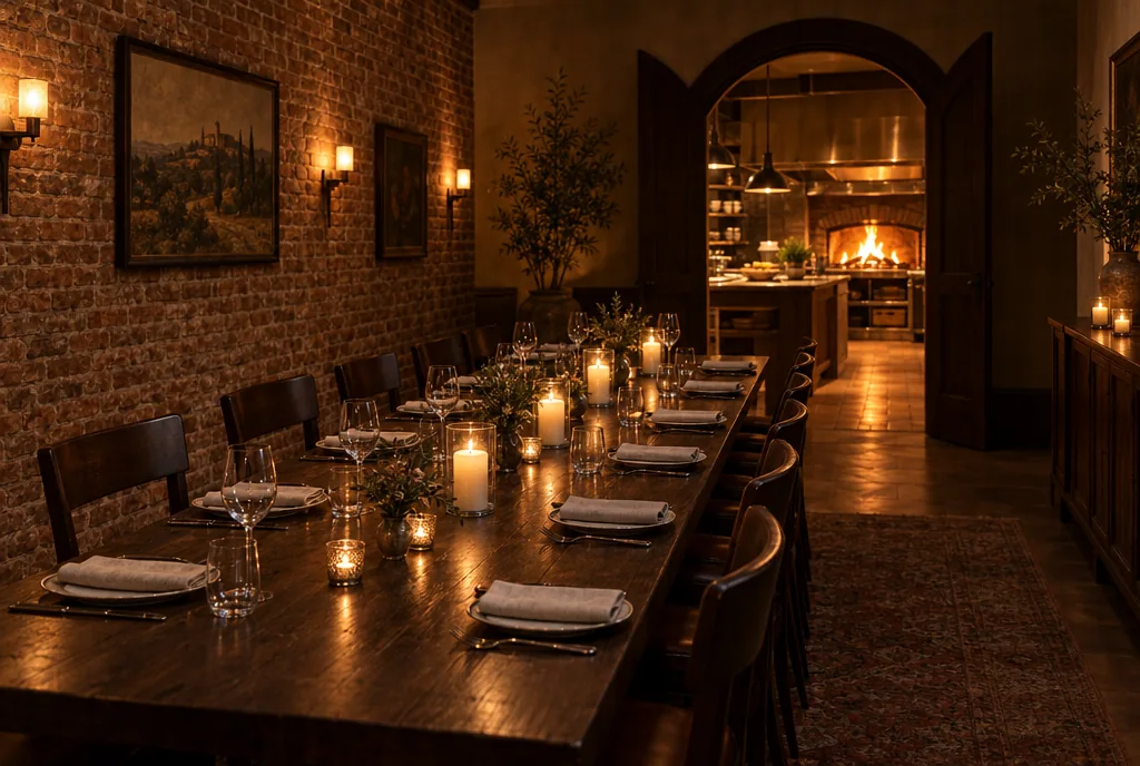 The private dining room: a long candlelit oak table with the kitchen fire glowing through an arch
