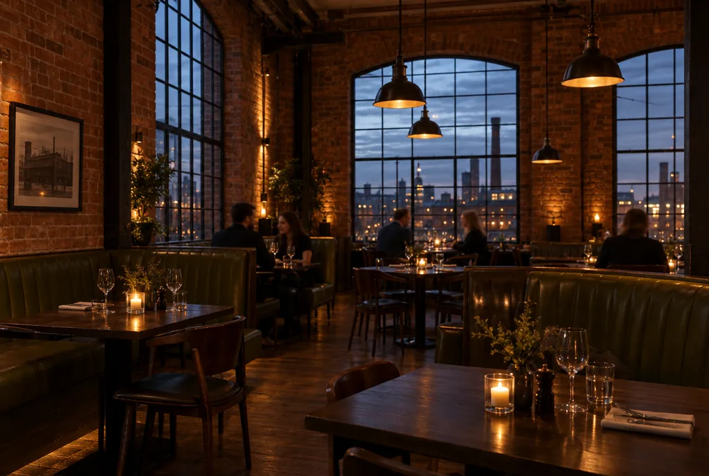 Fenwild's dining room in a converted mill, with brick walls, green banquettes and candlelit tables