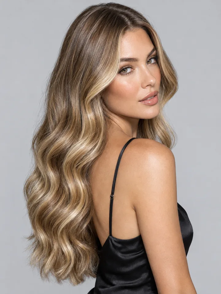 Long honey-blonde balayage waves