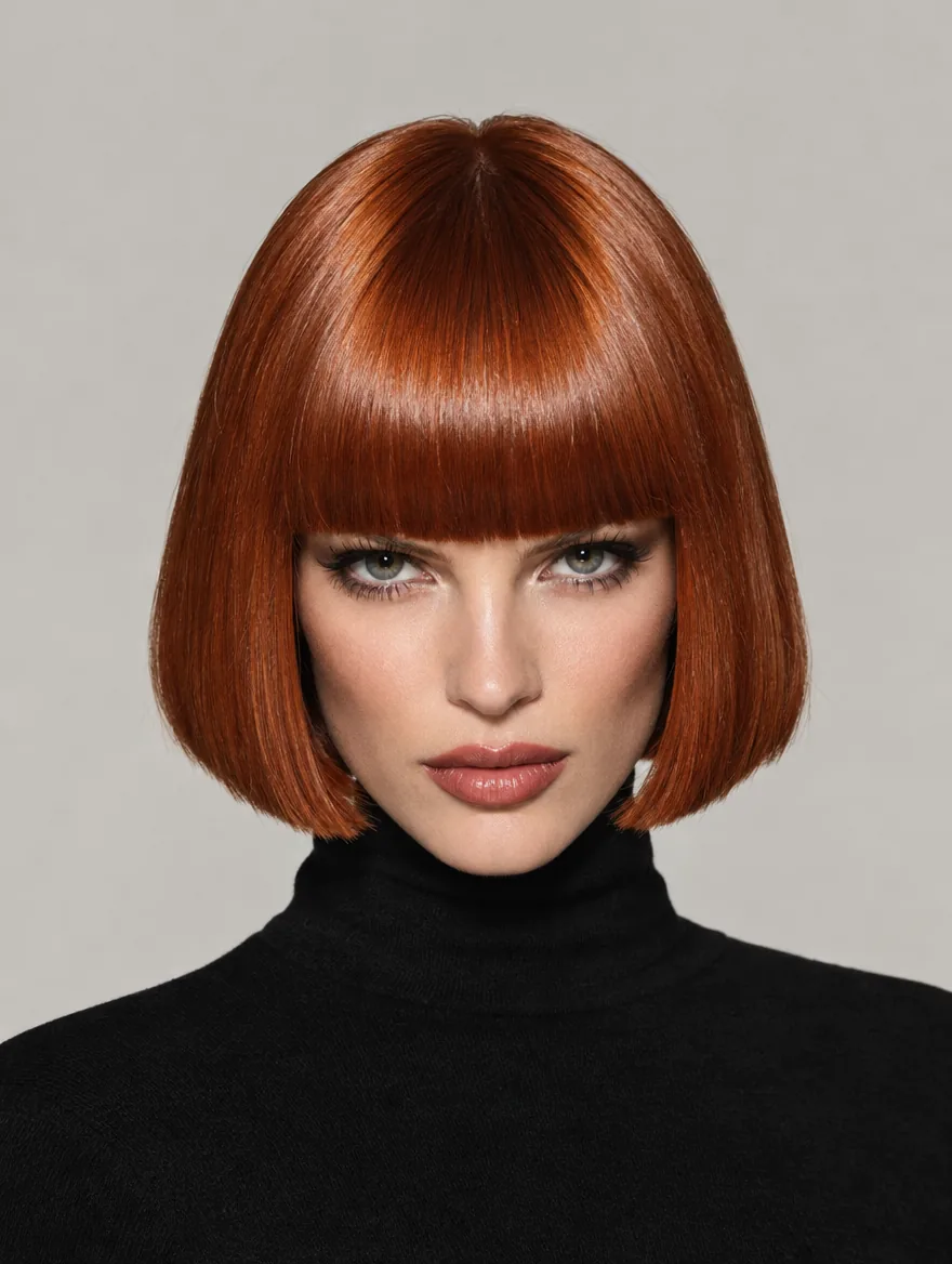A model with a glossy copper-red blunt bob and heavy fringe