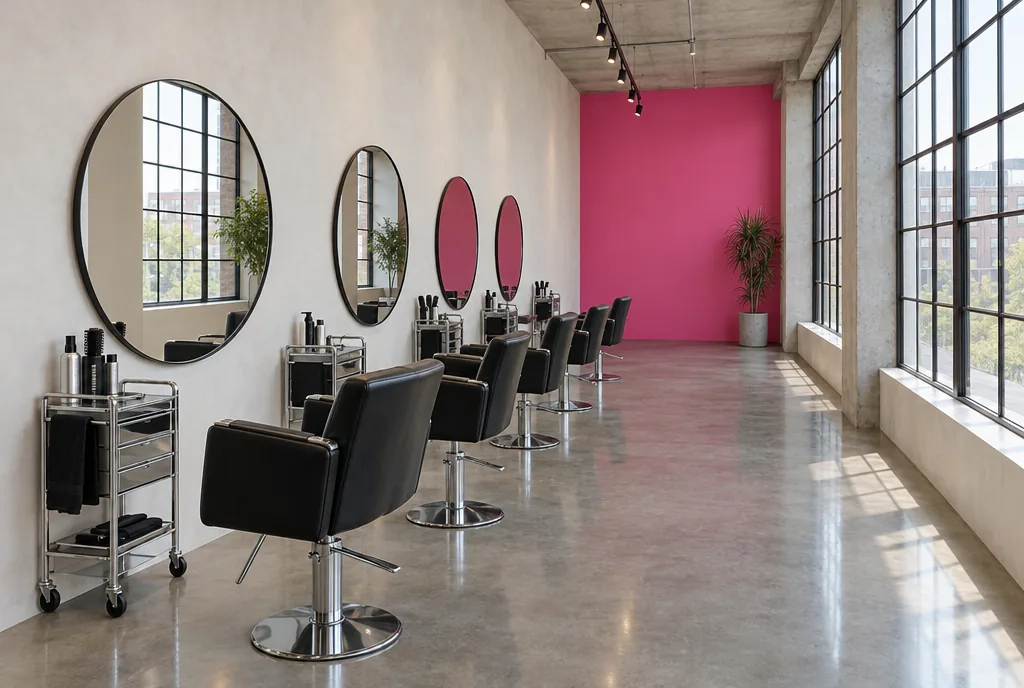 The Rook studio: round mirrors, black chairs, concrete floors and a hot pink wall