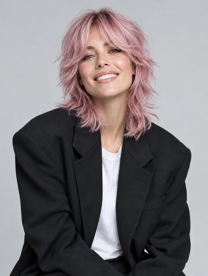 Pastel pink shag with curtain bangs
