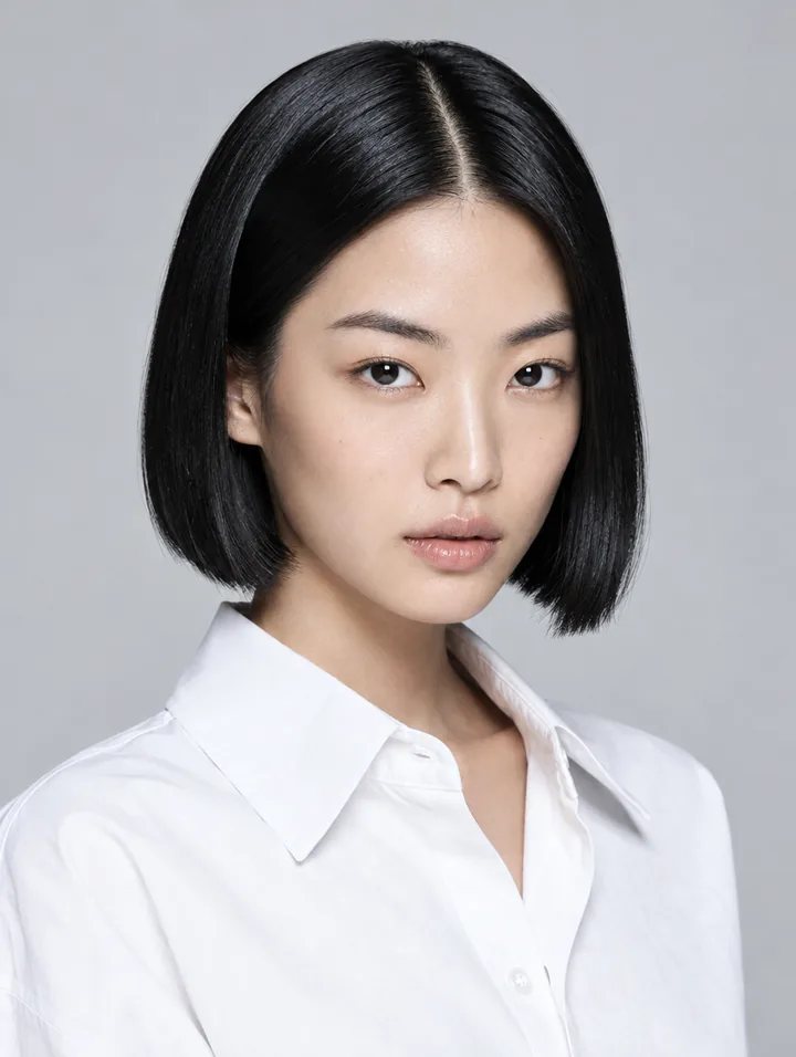 Sleek jet-black chin-length bob
