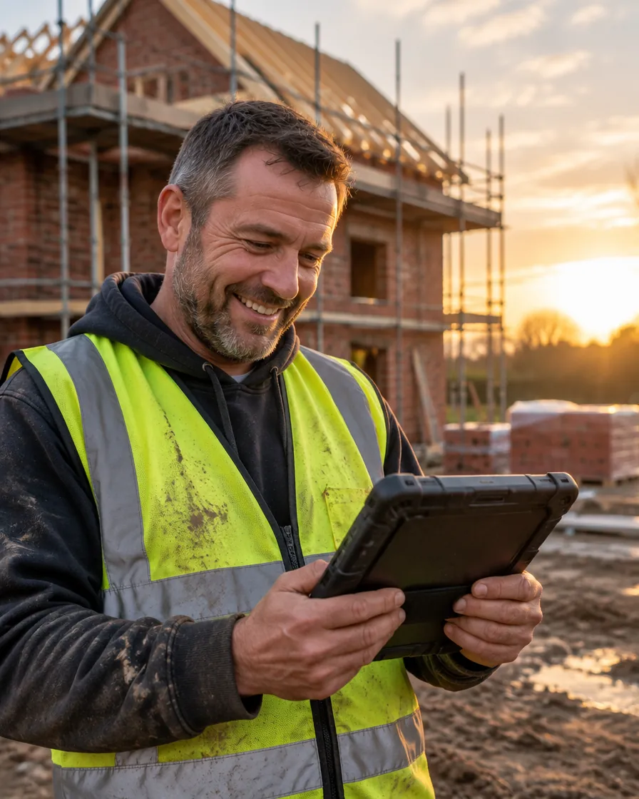 A builder on site checking jobs on a tablet