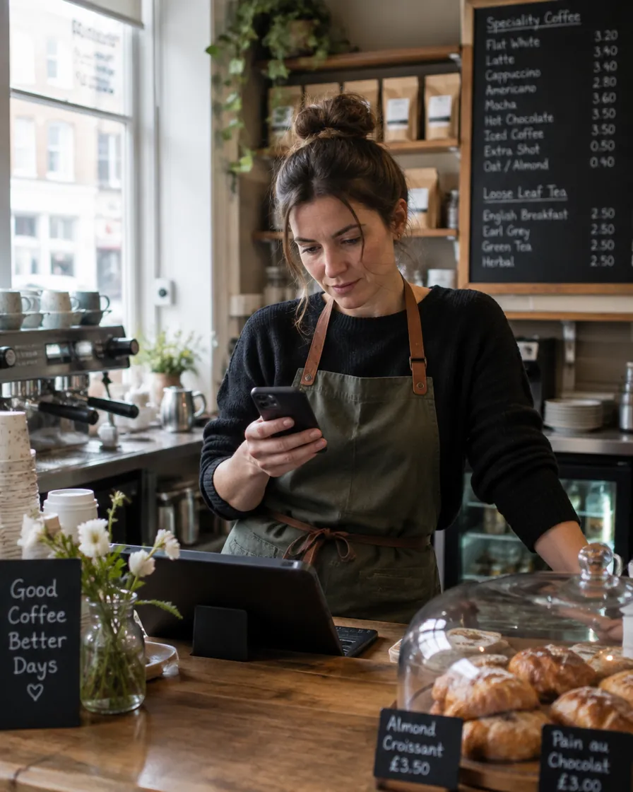 A café owner checking orders on her phone