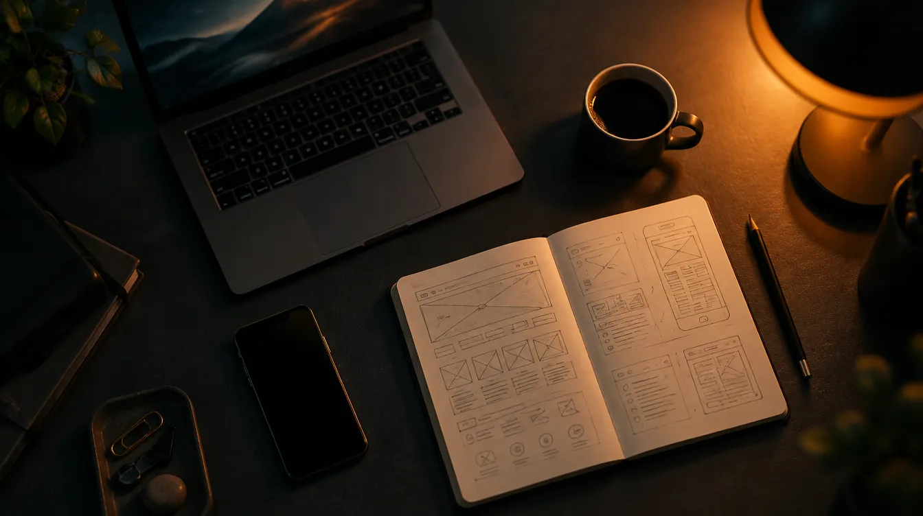 A notebook of hand-drawn website wireframes next to a laptop