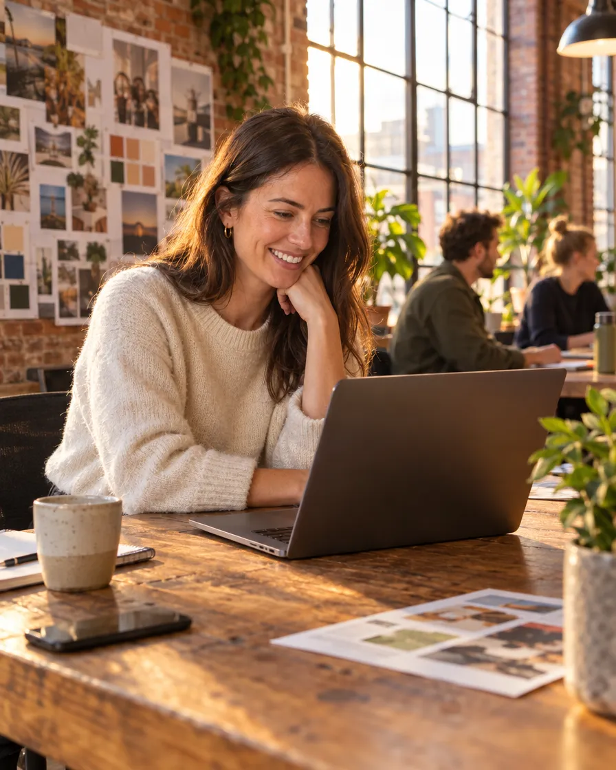 An agency account manager smiling at a client’s campaign results on her laptop in a bright warehouse studio