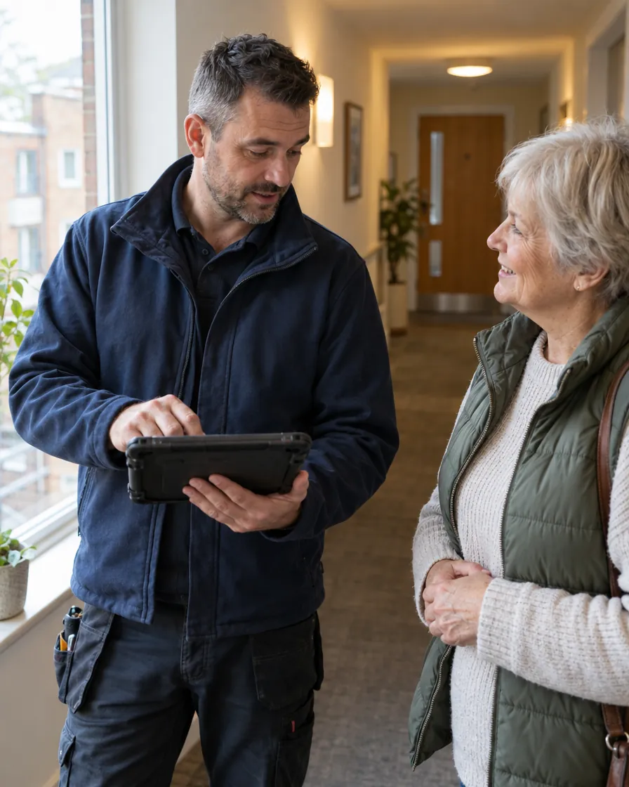 A property manager showing a resident a repair update on a tablet in an apartment block hallway