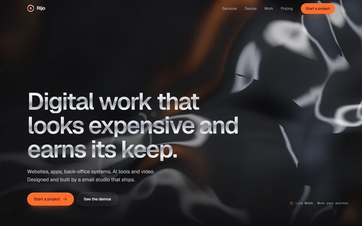 The Rijo homepage with its live liquid-chrome background